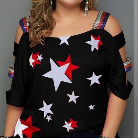 None Tops - Women's Black Star Print Cold Shoulder Top plus size 5X